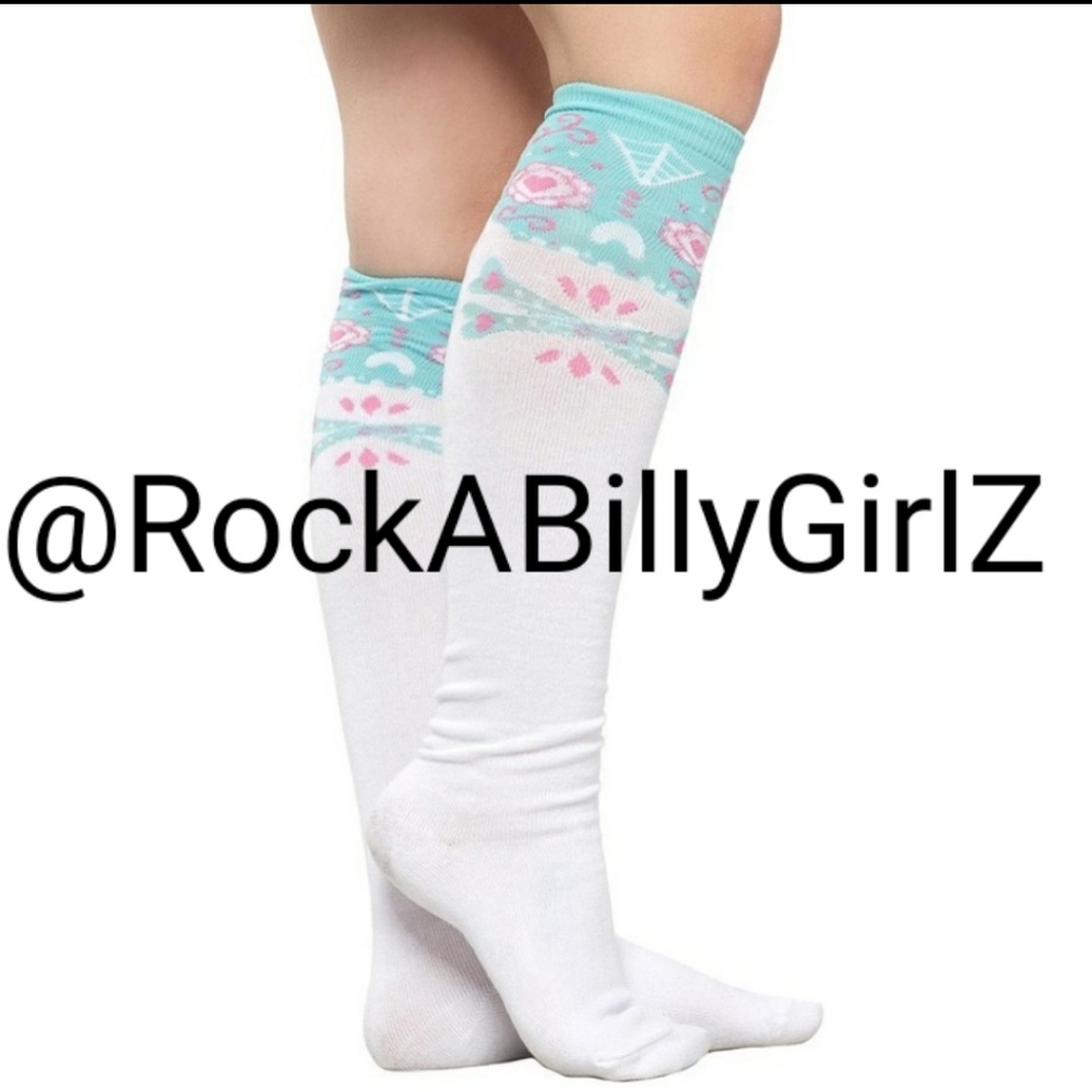 Sourpuss Calavera Pink & Blue Sugar Skull 17" Knee High Socks